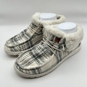Hey Dude Wendy Fold Boot Plaid Cozy Boots Womens Size 8 Gray Faux Fur Winter